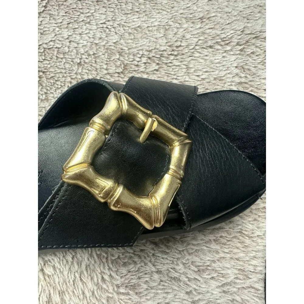 Schutz Enola Cross Slides Womens Size 5 B Black Leather Gold Bamboo Buckle Shoes
